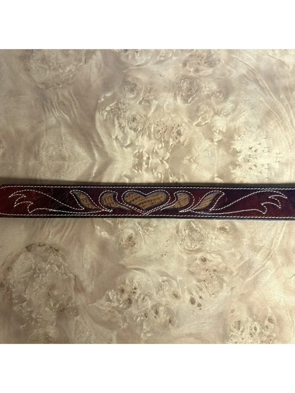 Larry Mahan Western Leather Belt Brown Tooled Inlay Solid Brass Buckle Size 28